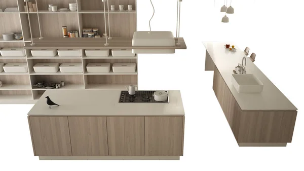 Cozinha branca moderna com detalhes de madeira no apartamento de luxo contemporâneo, ideia de conceito de design de interiores, isolado em fundo branco com espaço de cópia, mobiliário minimalista — Fotografia de Stock