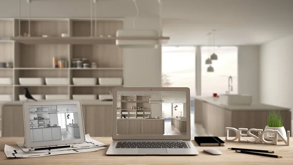 Architect designer desktop concept, laptop and tablet on wooden desk with screen showing interior design project and CAD sketch, blurred draft in the background, modern white kitchen — Stock Photo, Image