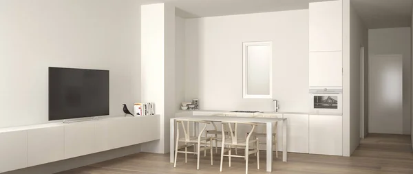 Cucina minimalista bianca con tavolo da pranzo e pavimento in parquet, lavello e piano cottura a gas, moderno appartamento contemporaneo, vista panoramica, concetto di interior design — Foto Stock