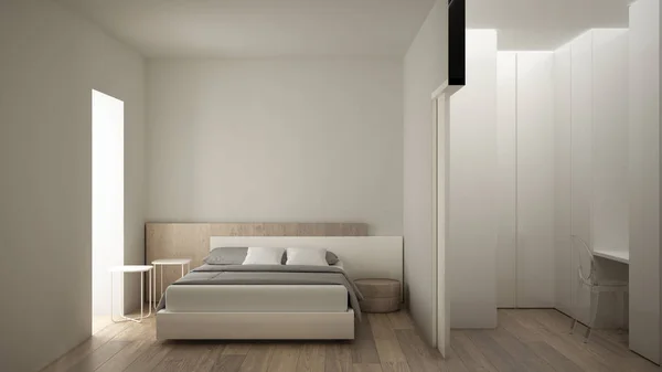 Moderna camera da letto minimalista in legno e bianco con cabina armadio, pavimento in parquet, letto matrimoniale, comodini e scrivania, arredamento contemporaneo, sezione trasversale — Foto Stock