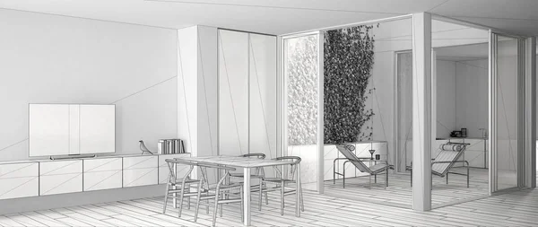 Projeto inacabado projecto de sala de estar minimalista com mesa de jantar, grandes janelas no terraço varanda com poltrona lounge e cozinha em segundo plano, design de interiores contemporâneos — Fotografia de Stock