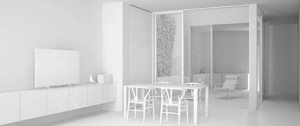 Progetto total white di soggiorno minimalista con tavolo da pranzo, grandi finestre sul terrazzo balcone con poltrona e cucina sullo sfondo, interior design moderno contemporaneo — Foto Stock