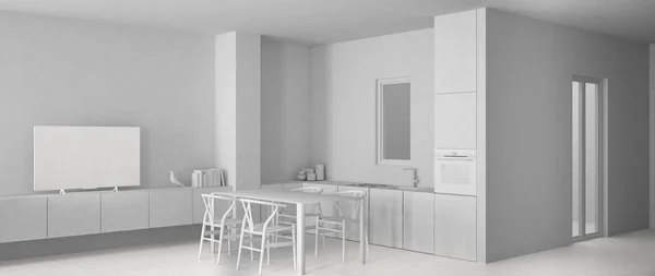 Całkowity biały projekt minimalistycznej białej kuchni ze stołem i parkietem, umywalką z piekarnikiem i kuchenką gazową, nowoczesnym apartamentem współczesnym, panoramicznym widokiem, koncepcją wystroju wnętrz — Zdjęcie stockowe