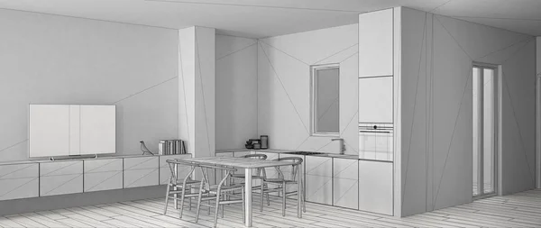Niedokończony projekt minimalistycznej białej kuchni ze stołem i parkietem, umywalką z piekarnikiem i kuchenką gazową, nowoczesnym apartamentem współczesnym, panoramicznym widokiem, koncepcją wystroju wnętrz — Zdjęcie stockowe