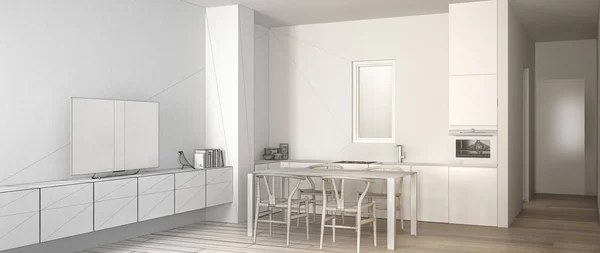 Architect interior designer concept: unfinished project that becomes real, minimalist white kitchen with dining table and parquet floor, modern design idea — Stock Photo, Image
