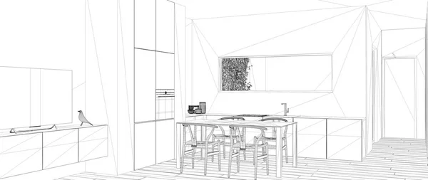 Projet de projet, esquisse de cuisine blanche minimaliste avec table à manger et parquet, fenêtre en ruban, idée de concept de design d'intérieur, appartement moderne avec parquet — Photo