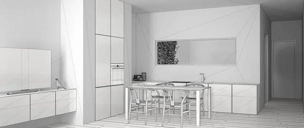 Projeto inacabado de cozinha branca minimalista com mesa de jantar e piso em parquet, pia do forno e fogão a gás, janela de fita, apartamento contemporâneo moderno, conceito de design de interiores — Fotografia de Stock