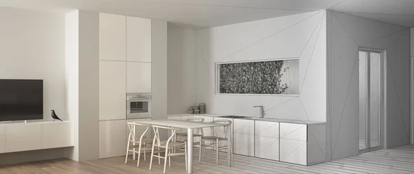 Koncepcja projektanta wnętrz architekta: niedokończony projekt, który staje się prawdziwym, minimalistyczny biały kuchnia ze stołem i parkietu, umywalka piekarnik i kuchenka gazowa, nowoczesny pomysł na projekt — Zdjęcie stockowe