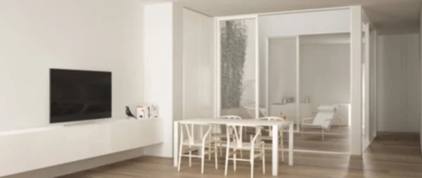 Rozostření pozadí interiér, minimalistický obývací pokoj s jídelním stolem, velká okna na balkónové terase s lenošky a kuchyně na pozadí, současná moderní — Stock fotografie