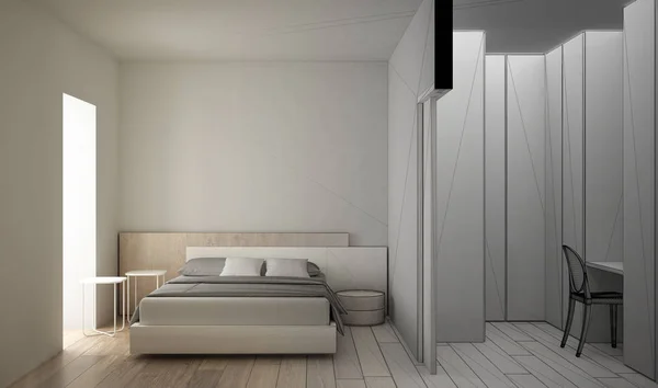 Architetto interior designer concept: progetto incompiuto che diventa reale, moderno e minimalista camera da letto bianca e in legno con cabina armadio, parquet, letto matrimoniale, idea di design moderno — Foto Stock