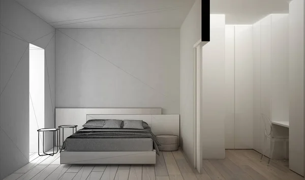 Arkitekt inredningsdesign koncept: ofullbordat projekt som blir verkligt, minimalistiskt modernt vitt och trä sovrum med klädkammare, parkett, dubbelsäng, modern design idé — Stockfoto