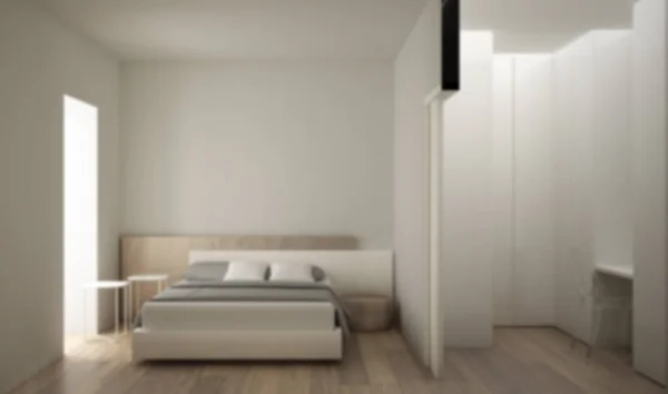 Sfocatura design d'interni, camera da letto moderna minimalista in legno e bianco con cabina armadio, pavimento in parquet, letto matrimoniale, comodini e scrivania, contemporaneo, sezione trasversale — Foto Stock