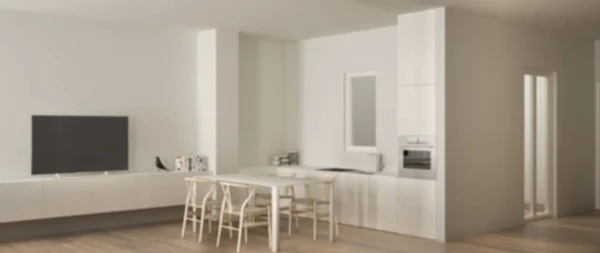Rozmycie tła wystroju wnętrz, z minimalistycznej białej kuchni ze stołem i parkietem, umywalką i kuchenką gazową, nowoczesny apartament współczesny, panoramiczny widok — Zdjęcie stockowe