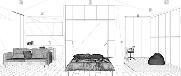 Projekt projektu Blueprint, szkic minimalistyczne nowoczesne łóżko murowe Murphy w jednym pokoju Apartament z kuchnią, wystrój wnętrz pomysł koncepcji, nowoczesny apartament z podłogą parkietu — Zdjęcie stockowe
