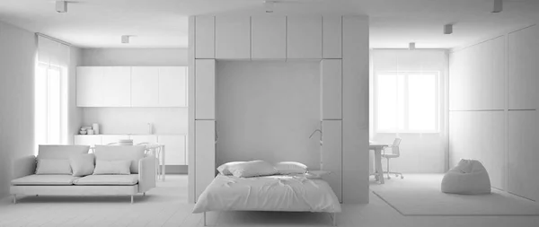 Totalt vitt projekt av Murphy Wall Bed i ett rum lägenhet med kök, vardagsrum och hem arbetsplats, matta päls, ren inredning, modern samtida koncept idé — Stockfoto