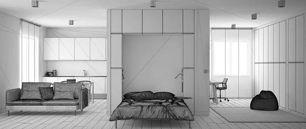 Projeto inacabado projecto de murphy cama de parede em um quarto apartamento com cozinha, sala de estar e local de trabalho em casa, tapete pele, design de interiores contemporâneos — Fotografia de Stock