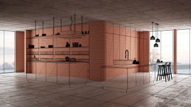 Ev yenileme, ev geliştirme kavramı arka plan, iç tasarım altında inşaat, özel mimari tasarım projesi, siyah mürekkep kroki, minimalist mutfak gösterilen blueprint