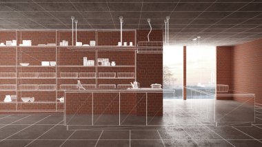 Ev yenileme, ev geliştirme kavramı arka plan, iç tasarım altında inşaat, özel mimari tasarım projesi, beyaz mürekkep kroki, minimalist mutfak gösterilen blueprint