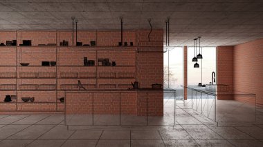 Ev yenileme, ev geliştirme kavramı arka plan, iç tasarım altında inşaat, özel mimari tasarım projesi, siyah mürekkep kroki, minimalist mutfak gösterilen blueprint