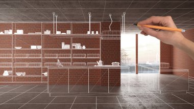 Ev yenileme, ev geliştirme konsepti, el çizimi özel mimarisi, beyaz mürekkep çizimi, modern mutfağı gösteren tasarım.