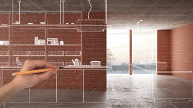 Ev yenileme, ev geliştirme konsepti, el çizimi özel mimarisi, beyaz mürekkep çizimi, modern mutfağı gösteren tasarım.