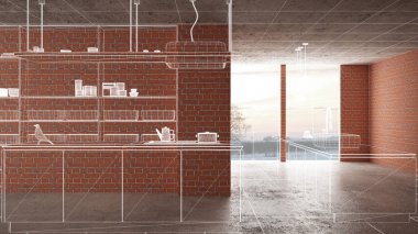 Ev yenileme, ev geliştirme kavramı arka plan, iç tasarım altında inşaat, özel mimari tasarım projesi, beyaz mürekkep kroki, minimalist mutfak gösterilen blueprint