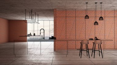 Ev yenileme, ev geliştirme kavramı arka plan, iç tasarım altında inşaat, özel mimari tasarım projesi, siyah mürekkep kroki, minimalist mutfak gösterilen blueprint