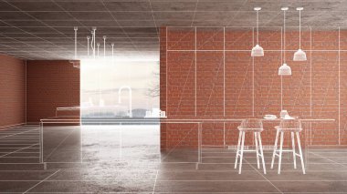 Ev yenileme, ev geliştirme kavramı arka plan, iç tasarım altında inşaat, özel mimari tasarım projesi, beyaz mürekkep kroki, minimalist mutfak gösterilen blueprint