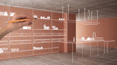 Ev yenileme, ev geliştirme konsepti, el çizimi özel mimarisi, beyaz mürekkep çizimi, modern mutfağı gösteren tasarım.