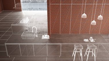 Ev yenileme, ev geliştirme kavramı arka plan, iç tasarım altında inşaat, özel mimari tasarım projesi, beyaz mürekkep kroki, minimalist mutfak gösterilen blueprint