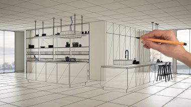 Beyaz mermer seramik seramik döşemeleri, el çizimi özel mimari tasarımı, siyah mürekkep çizimi, modern minimalist mutfağı, konsepti, maketi, fikri gösteren plan.