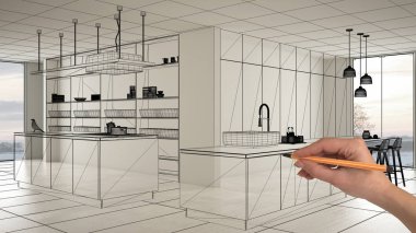 Beyaz mermer seramik seramik döşemeleri, el çizimi özel mimari tasarımı, siyah mürekkep çizimi, modern minimalist mutfağı, konsepti, maketi, fikri gösteren plan.