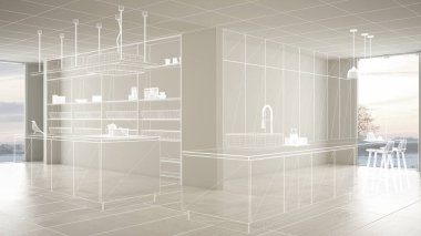 Beyaz seramik karo zemin ile boş beyaz iç, özel mimari tasarım projesi, beyaz mürekkep kroki, modern mutfak gösteren plan, konsept, mock-up, mimari fikir