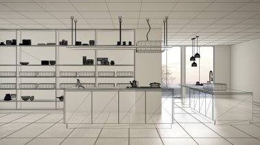 Beyaz seramik döşemeli içi boş, özel mimari tasarım projesi, siyah mürekkep çizimi, modern mutfak, konsept, model, mimar fikri gösteren plan.