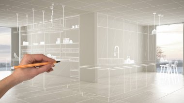 Beyaz seramik mermer karozemin ile boş beyaz iç, el çizim özel mimari tasarım, beyaz mürekkep kroki, modern minimalist mutfak gösteren plan, konsept mock-up fikir