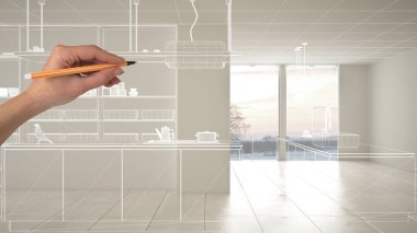 Beyaz seramik mermer karozemin ile boş beyaz iç, el çizim özel mimari tasarım, beyaz mürekkep kroki, modern minimalist mutfak gösteren plan, konsept mock-up fikir