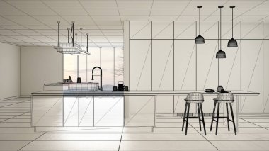 Beyaz seramik döşemeli içi boş, özel mimari tasarım projesi, siyah mürekkep çizimi, modern mutfak, konsept, model, mimar fikri gösteren plan.