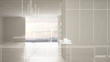 Beyaz seramik karo zemin ile boş beyaz iç, özel mimari tasarım projesi, beyaz mürekkep kroki, modern mutfak gösteren plan, konsept, mock-up, mimari fikir