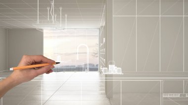 Beyaz seramik mermer karozemin ile boş beyaz iç, el çizim özel mimari tasarım, beyaz mürekkep kroki, modern minimalist mutfak gösteren plan, konsept mock-up fikir