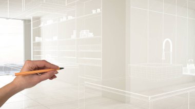 Beyaz seramik mermer karozemin ile boş beyaz iç, el çizim özel mimari tasarım, beyaz mürekkep kroki, modern minimalist mutfak gösteren plan, konsept mock-up fikir