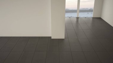 Boş oda iç tasarımı, kar ile kış çayır büyük panoramik pencere ile açık alan, koyu gri mermer fayans zemin, modern çağdaş mimari