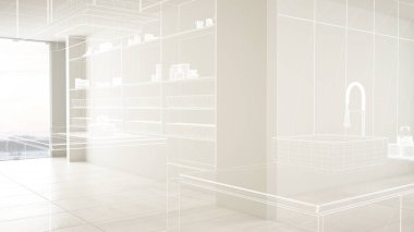 Beyaz seramik karo zemin ile boş beyaz iç, özel mimari tasarım projesi, beyaz mürekkep kroki, modern mutfak gösteren plan, konsept, mock-up, mimari fikir