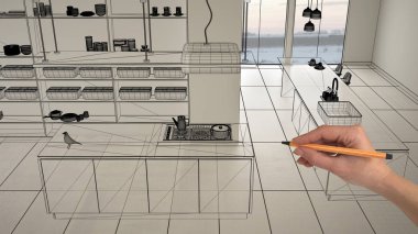 Beyaz mermer seramik seramik döşemeleri, el çizimi özel mimari tasarımı, siyah mürekkep çizimi, modern minimalist mutfağı, konsepti, maketi, fikri gösteren plan.