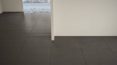 Boş oda iç tasarımı, kar ile kış çayır büyük panoramik pencere ile açık alan, koyu gri mermer fayans zemin, modern çağdaş mimari