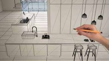 Beyaz mermer seramik seramik döşemeleri, el çizimi özel mimari tasarımı, siyah mürekkep çizimi, modern minimalist mutfağı, konsepti, maketi, fikri gösteren plan.