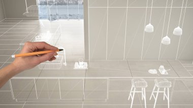 Beyaz seramik mermer karozemin ile boş beyaz iç, el çizim özel mimari tasarım, beyaz mürekkep kroki, modern minimalist mutfak gösteren plan, konsept mock-up fikir
