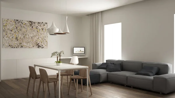 Минималистская гостиная, дизайн интерьера, домашнее рабочее пространство, современный серый диван, обеденный стол с деревянным стулом, паркетные полы, роскошные кулонные лампы, архитектурная концепция дизайнера — стоковое фото