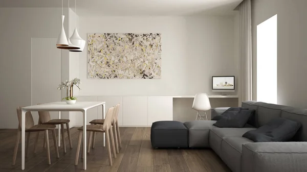 Sala de estar minimalista, diseño de interiores, espacio de trabajo en casa, sofá gris moderno, mesa de comedor con silla de madera, suelos de parquet, lámparas colgantes de lujo, concepto de arquitecto diseñador — Foto de Stock