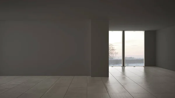 Diseño interior de la habitación vacía, espacio abierto con gran ventana panorámica en el prado de invierno con nieve, suelo de baldosas de mármol gris oscuro, arquitectura contemporánea moderna — Foto de Stock