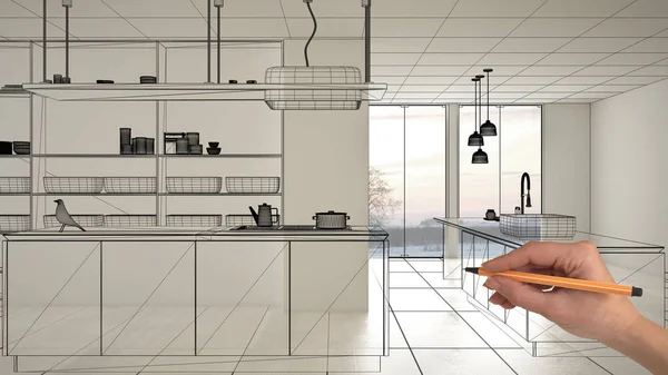 Empty white interior with white marble ceramic tiles, hand drawing custom architecture design, black ink sketch, blueprint showing modern minimalist kitchen, concept, mock-up, idea — Stock Photo, Image